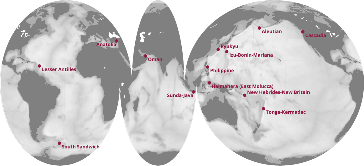 Incomplete list of subduction zone initiation events that have occurred since the last ~100 Million years, and are included in the SZI Database, plotted on an interrupted Mollweide projection.