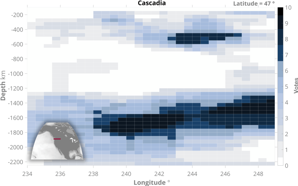 Seismic tomography VoteMap (Shephard et al., 2017) analysis of the Cascadia subduction zone initiation event.