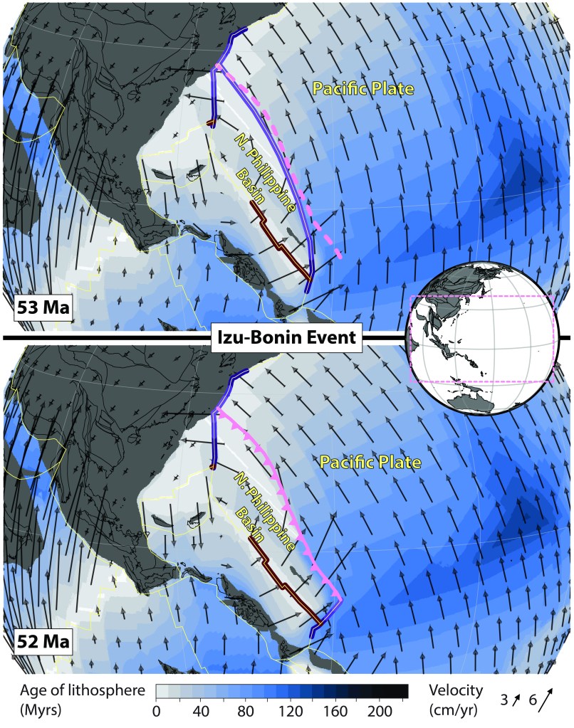 Izu-Bonin-Mariana SZI event as reconstructed in the model of Müller et al. (2016). Pink dashed (solid with teeth) line shows the Izu-Bonin-Mariana trench 1 Myr before (at) SZI time in the model. Purple (red) lines show segments of neighbouring subduction zones (ridges and transforms) that lie within some radius of the Izu-Bonin-Mariana trench (pink line); the brightness of the colours reflects 3 different distance thresholds of 250, 500 and 1000 km.