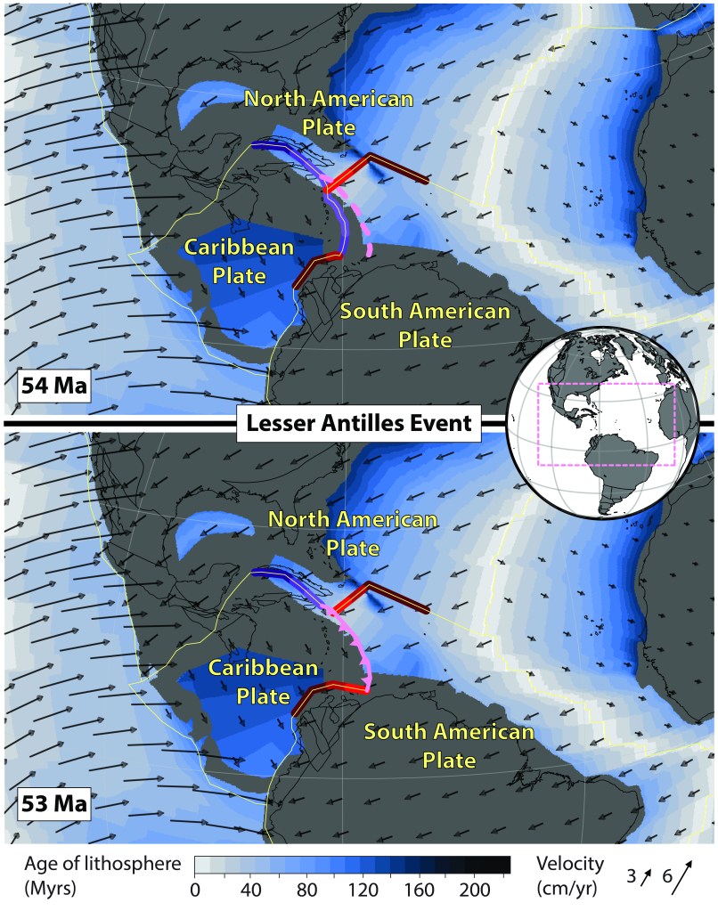 Lesser Antilles SZI event as reconstructed in the model of Müller et al. (2016). Pink dashed (solid with teeth) line shows the Lesser Antilles trench 1 Myr before (at) SZI time in the model. Purple (red) lines show segments of neighbouring subduction zones (ridges and transforms) that lie within some radius of the Lesser Antilles trench (pink line); the brightness of the colours reflects 3 different distance thresholds of 250, 500 and 1000 km.
