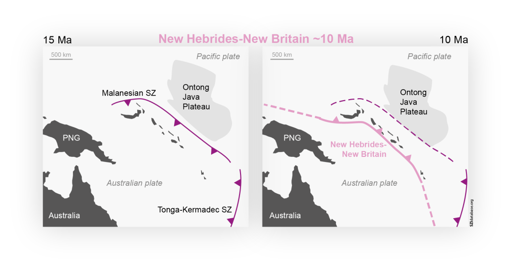 Schematic tectonic reconstruction of the New Hebrides-New Britain SZI event (modified from Schellart et al., 2006 and Holm et al., 2016). The collision of the Ontong Java plateau with the trench of the Melanesian subduction zone is suggested to have caused a flip in subduction polarity, initiating the New Hebrides-New Britain subduction zone. Shown are the new subduction zone (pink line) and other active (solid purple lines) and inactive (dashed purple lines) subduction zones.