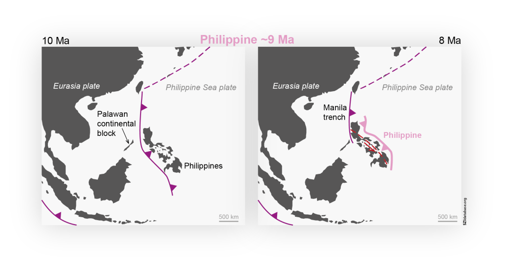 Schematic tectonic reconstruction of the Philippine SZI event (modified from Hall, 1996 and Wu et al., 2016). The collision of the Palawan continental block with the trench of the east-dipping subduction of the Eurasia plate below the Philippine Sea Plate is suggested to have caused a flip in subduction polarity, initiating the new Philippine subduction zone. Shown are the new subduction zone (pink line) and other active (solid purple lines) and inactive (dashed purple lines) subduction zones.