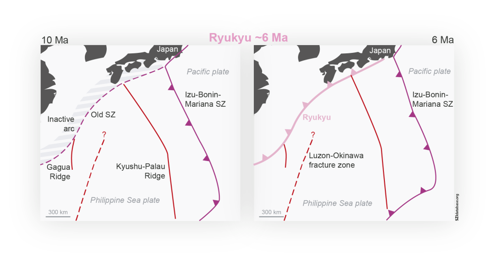 Schematic tectonic reconstruction of the Ryukyu SZI event (modified from Faccenna et al., 2018). A slab break-off event caused a pause in arc activity. Subduction of the Philippine Sea plate started again along the same margin, initiating the new Ryukyu subduction zone. Shown are the new subduction zone (pink line), other active (solid purple lines) and inactive (dashed purple lines) subduction zones, and spreading ridges (solid red lines).