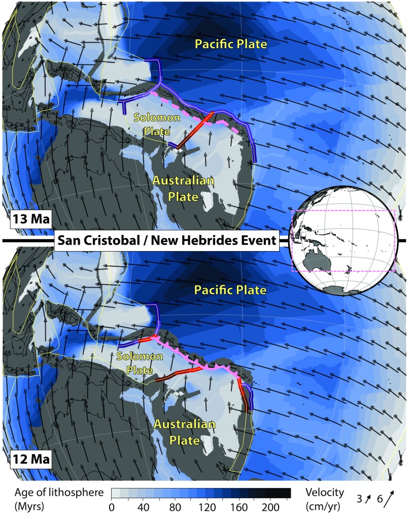 New Hebrides – New Britain SZI event as reconstructed in the model of Müller et al. (2016). Pink dashed (solid with teeth) line shows the New Hebrides – New Britain SZI trench 1 Myr before (at) SZI time in the model. Purple (red) lines show segments of neighbouring subduction zones (ridges and transforms) that lie within some radius of the New Hebrides – New Britain SZI trench (pink line); the brightness of the colours reflects 3 different distance thresholds of 250, 500 and 1000 km.