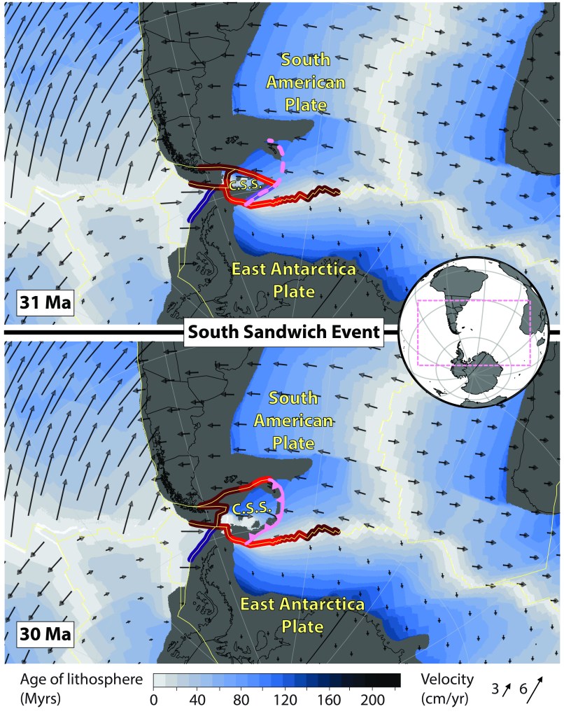 South Sandwich SZI event as reconstructed in the model of Müller et al. (2016). Pink dashed (solid with teeth) line shows the South Sandwich trench 1 Myr before (at) SZI time in the model. Purple (red) lines show segments of neighbouring subduction zones (ridges and transforms) that lie within some radius of the South Sandwich trench (pink line); the brightness of the colours reflects 3 different distance thresholds of 250, 500 and 1000 km. Abbreviations: CSS = Central Scotia Sea Plate; ECZ = Endurance Collision Zone.