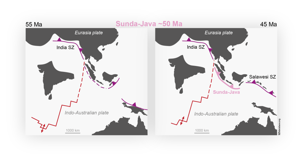 Schematic tectonic reconstruction of the Sunda-Java SZI event (modified from Hall, 2012). Subduction of the Indo-Australian plate at the Sundaland margin has been episodically ongoing since >100 Ma. The most recent episode occurred at ca. 40–60 Ma and it initiated the new Sunda-Java subduction zone. Shown are the new subduction zone (pink line), other active (solid purple lines) and inactive (dashed purple lines) subduction zones, spreading ridges (solid red lines), and transform faults (red dashed lines).