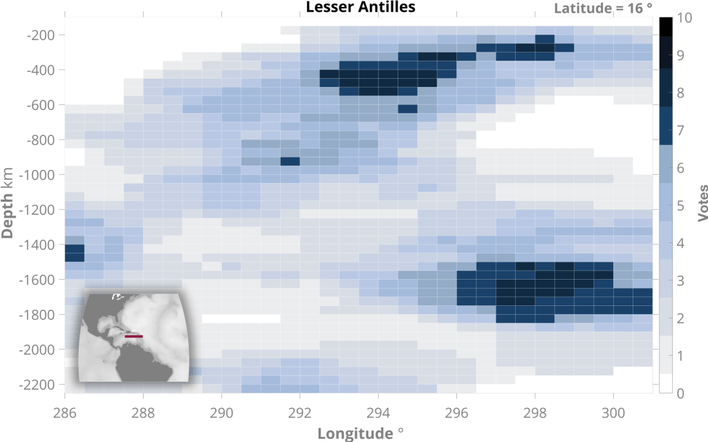 Seismic tomography VoteMap (Shephard et al., 2017) analysis of the Lesser Antilles SZI event.