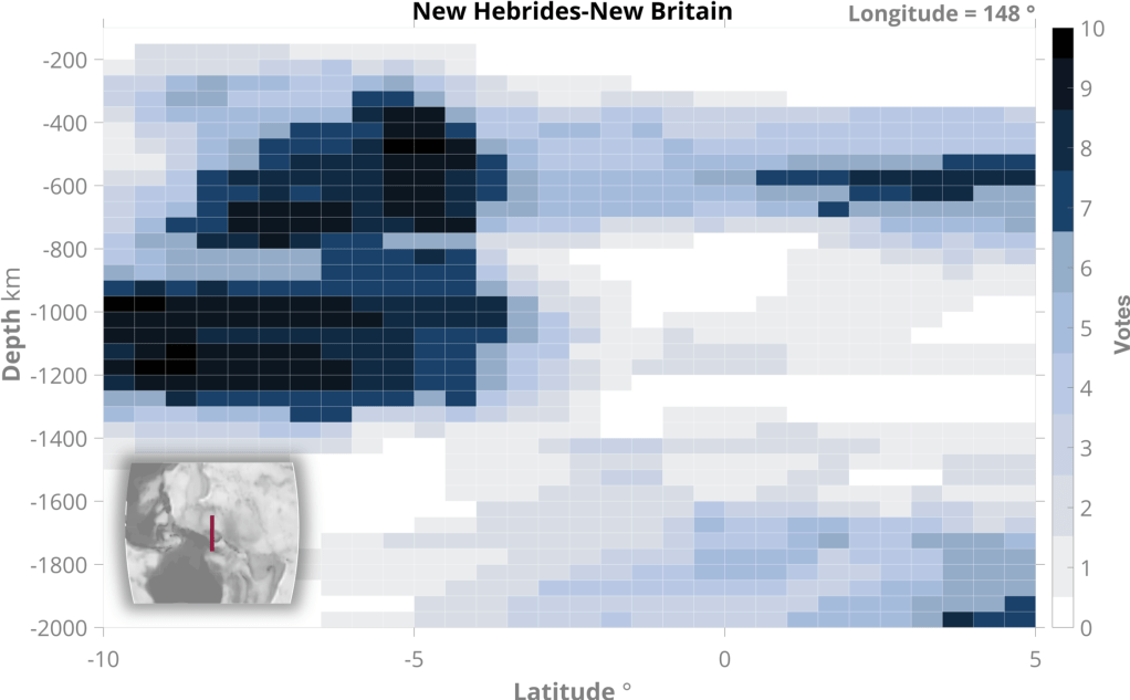 Seismic tomography VoteMap (Shephard et al., 2017) analysis of the New Hebrides-New Britain SZI event.