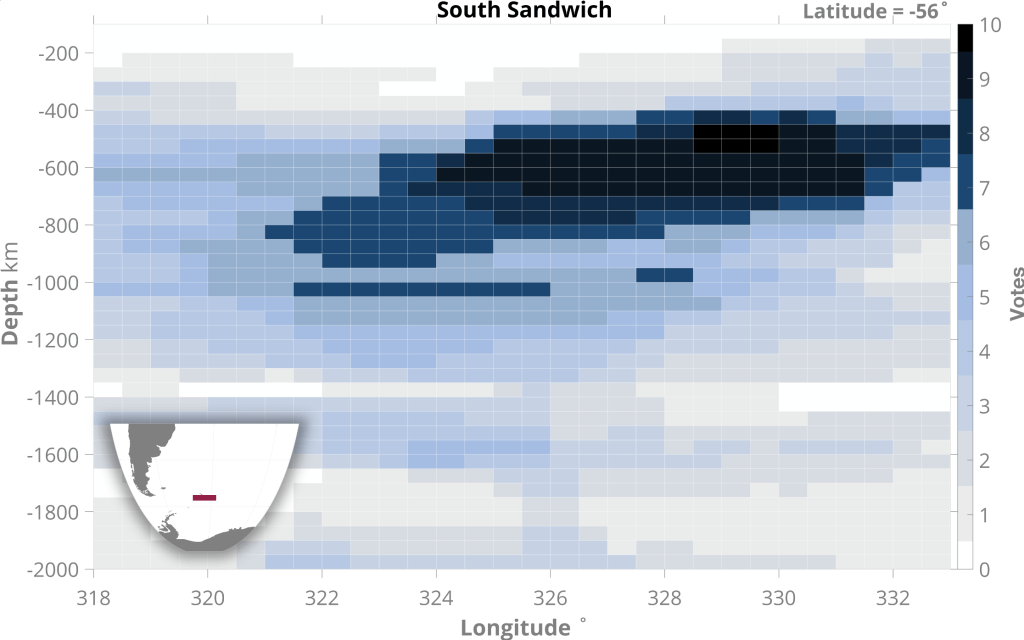 Seismic tomography VoteMap (Shephard et al., 2017) analysis of the South Sandwich SZI event.