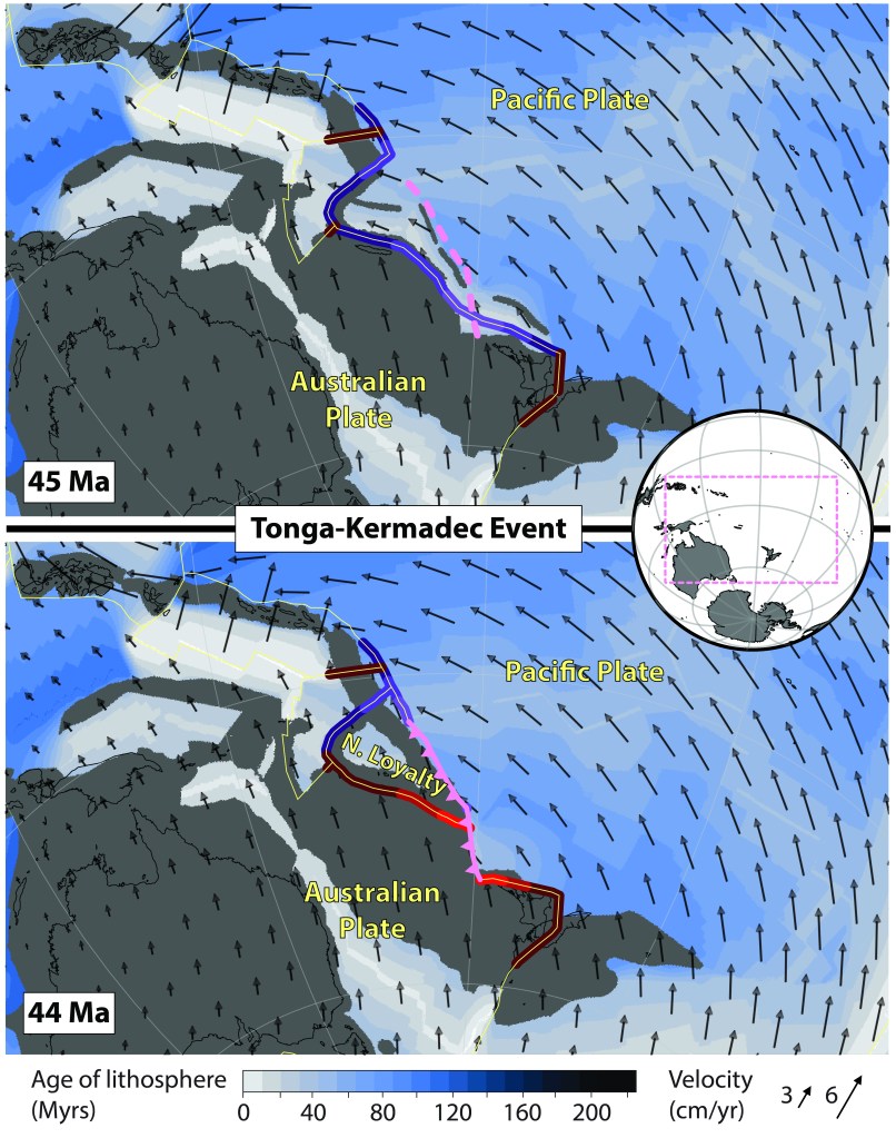 Tonga-Kermadec SZI event as reconstructed in the model of Müller et al. (2016). Pink dashed (solid with teeth) line shows the Tonga-Kermadec trench 1 Myr before (at) SZI time in the model. Purple (red) lines show segments of neighbouring subduction zones (ridges and transforms) that lie within some radius of the Tonga-Kermadec trench (pink line); the brightness of the colours reflects 3 different distance thresholds of 250, 500 and 1000 km.
