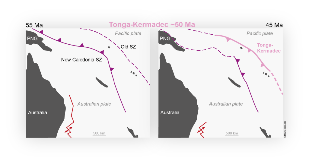 Schematic tectonic reconstruction of the Tonga-Kermadec SZI event (modified from Whattam et al., 2008). The collision of the Papua New Guinea continental block with the Loyalty-Three Kings trench is suggested to have caused a flip in subduction polarity, initiating the new Tonga-Kermadec subduction zone, possibly exploiting a weakness due to the presence of an old subduction zone. Shown are the new subduction zone (pink line), other active (solid purple lines) and inactive (dashed purple lines) subduction zones, and spreading ridges (solid red lines).